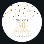 Gold & Black Confetti 50th Birthday Party Favour Classic Round Sticker<br><div class="desc">This simple gold & black sticker will add stylish detail to your special day. This design features modern gold script "50th Birthday",  hexagon confetti with custom text. Matching birthday invitations and party supplies are available in my shop BaraBomDesign.</div>