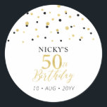 Gold & Black Confetti 50th Birthday Party Favour Classic Round Sticker<br><div class="desc">This simple gold & black sticker will add stylish detail to your special day. This design features modern gold script "50th Birthday",  hexagon confetti with custom text. Matching birthday invitations and party supplies are available in my shop BaraBomDesign.</div>