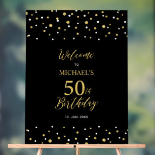 Gold & Black Confetti 50th Birthday Party Welcome Acrylic Sign