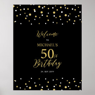 Gold & Black Confetti 50th Birthday Party Welcome Poster