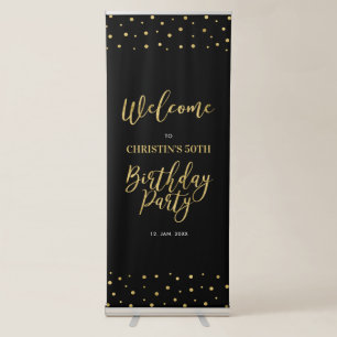 Gold & Black Confetti 50th Birthday Party Welcome Retractable Banner
