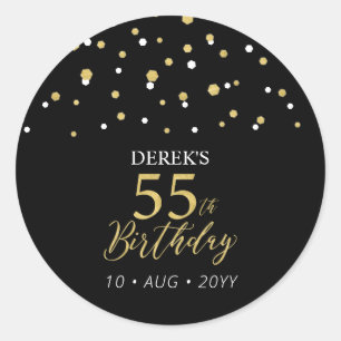 Gold & Black Confetti 55th Birthday Party Favour Classic Round Sticker