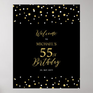 Gold & Black Confetti 55th Birthday Party Welcome Poster