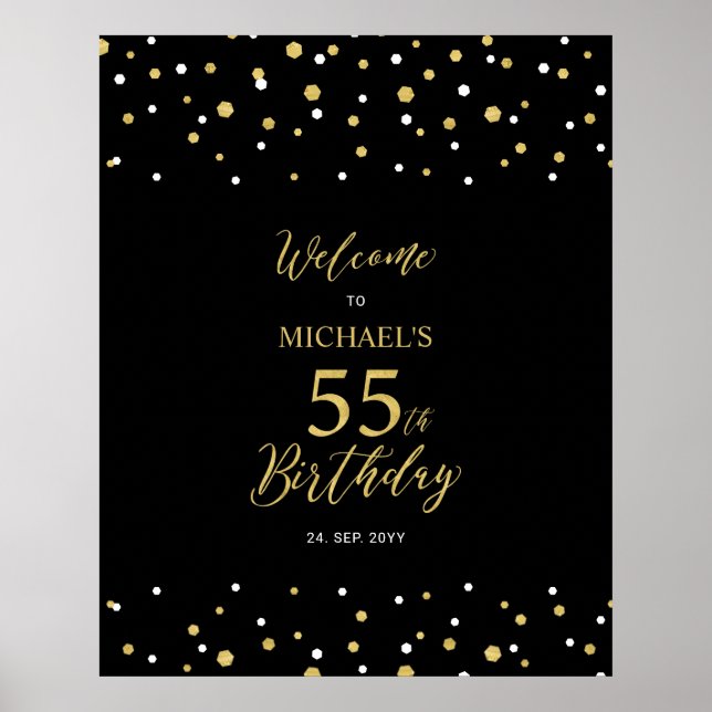 Gold & Black Confetti 55th Birthday Party Welcome Poster (Front)
