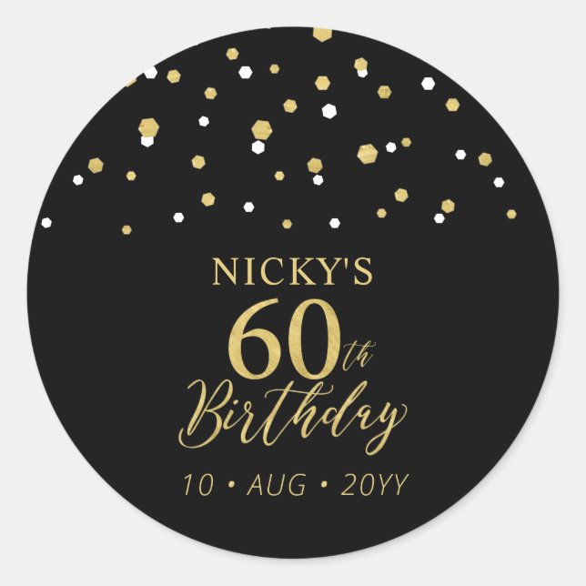 Gold & Black Confetti 60th Birthday Party Favour Classic Round Sticker (Front)