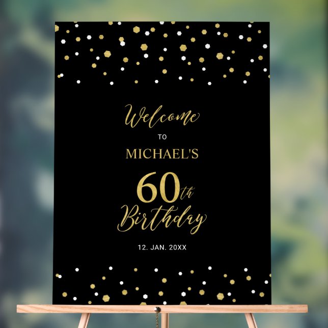 Gold & Black Confetti 60th Birthday Party Welcome Acrylic Sign (Neutral)