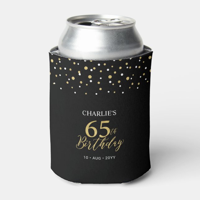 Gold & Black Confetti 65th Birthday Party Favour Can Cooler (Can Front)