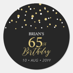 Gold & Black Confetti 65th Birthday Party Favour Classic Round Sticker