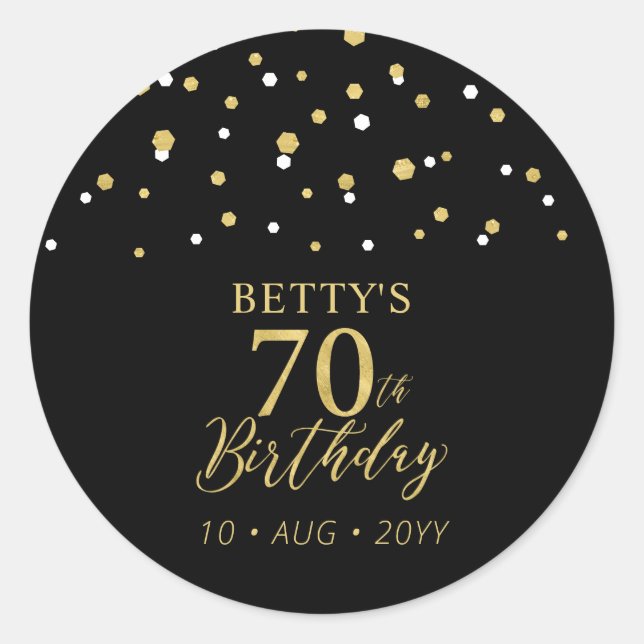 Gold & Black Confetti 70th Birthday Party Favour Classic Round Sticker (Front)