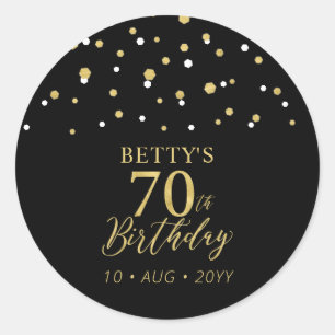 Gold & Black Confetti 70th Birthday Party Favour Classic Round Sticker