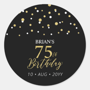 Gold & Black Confetti 75th Birthday Party Favour Classic Round Sticker