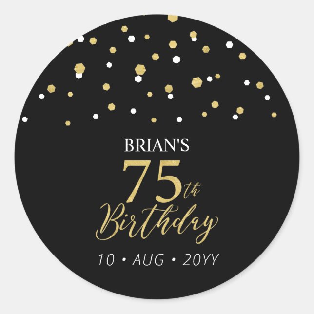 Gold & Black Confetti 75th Birthday Party Favour Classic Round Sticker (Front)