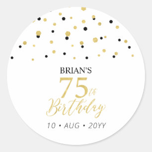 Gold & Black Confetti 75th Birthday Party Favour Classic Round Sticker