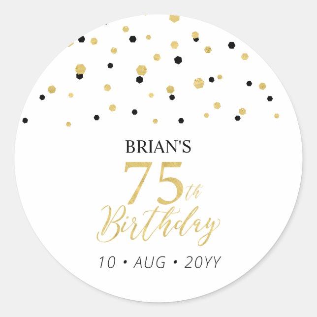 Gold & Black Confetti 75th Birthday Party Favour Classic Round Sticker (Front)