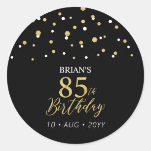 Gold & Black Confetti 85th Birthday Party Favour Classic Round Sticker