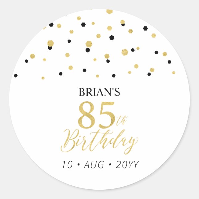 Gold & Black Confetti 85th Birthday Party Favour Classic Round Sticker (Front)