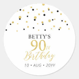 Gold & Black Confetti 90th Birthday Party Favour Classic Round Sticker
