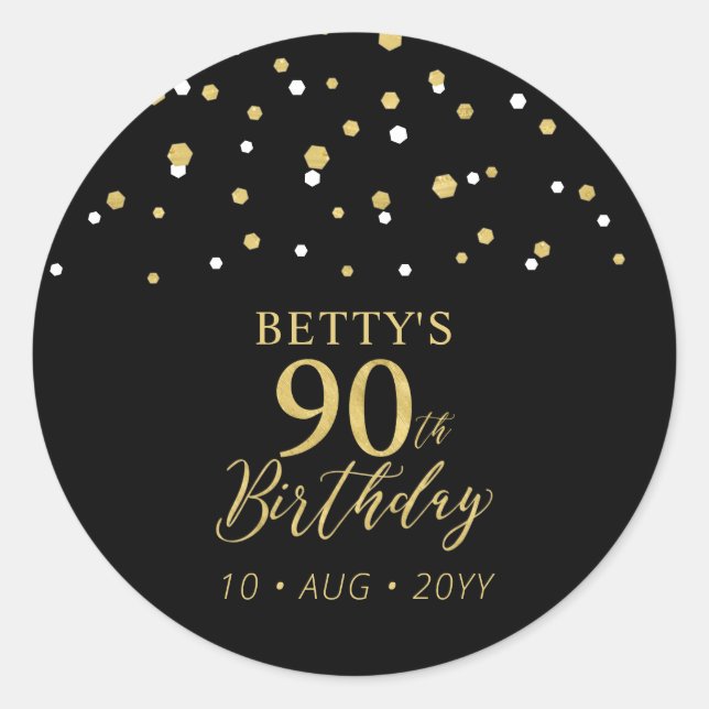 Gold & Black Confetti 90th Birthday Party Favour Classic Round Sticker (Front)