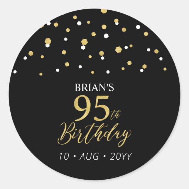 Gold & Black Confetti 95th Birthday Party Favour Classic Round Sticker (Front)