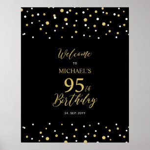 Gold & Black Confetti 95th Birthday Party Welcome Poster