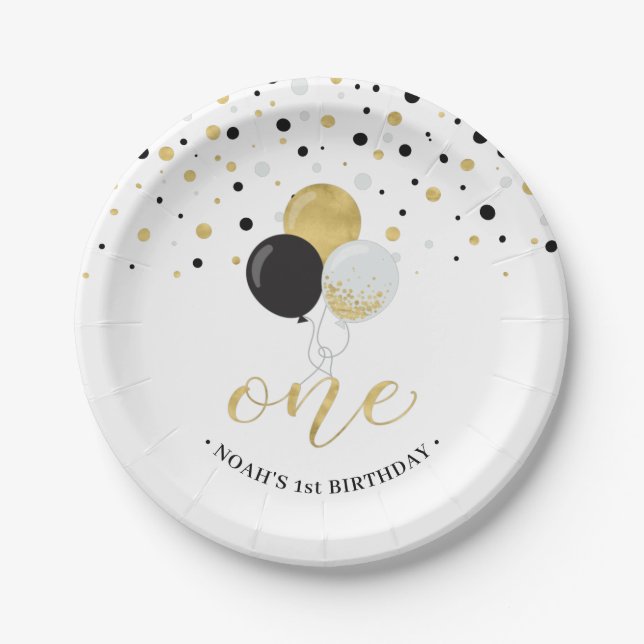 Gold & Black Confetti Balloons 1st Birthday Party Paper Plate (Front)