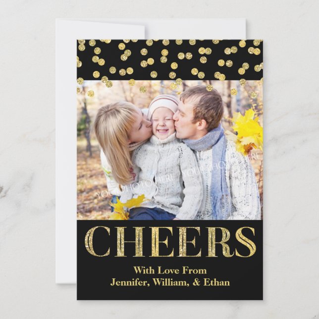 Gold Black Confetti Cheers Christmas Photo Card (Front)