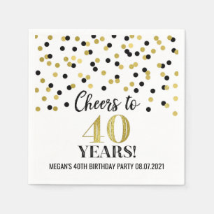Gold Black Confetti Cheers to 40 Years Birthday Napkin