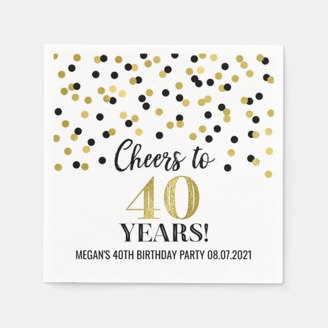 Gold Black Confetti Cheers to 40 Years Birthday Napkin (Front)