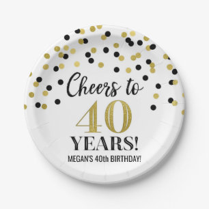 Gold Black Confetti Cheers to 40 Years Birthday Paper Plate