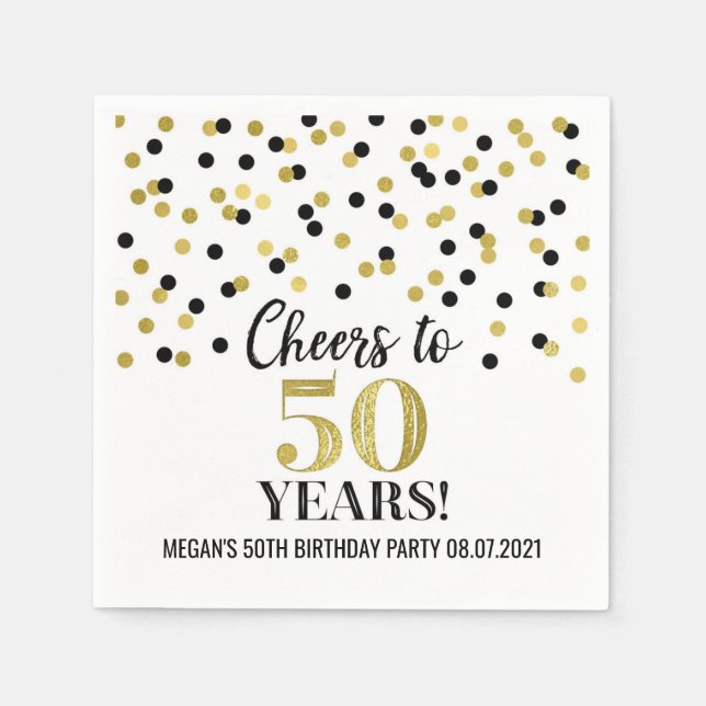 Gold Black Confetti Cheers to 50 Years Birthday Napkin (Front)