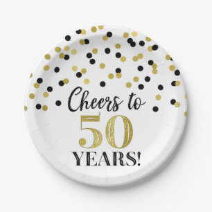 Gold Black Confetti Cheers to 50 Years Birthday Paper Plate