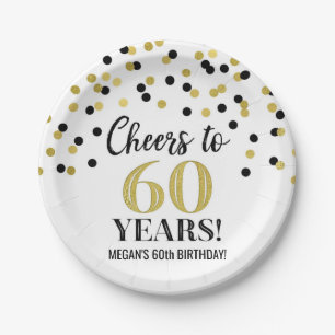 Gold Black Confetti Cheers to 60 Years Birthday Paper Plate