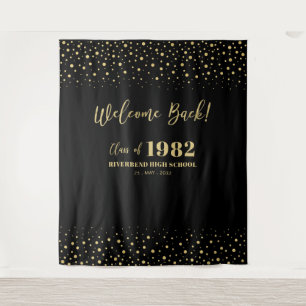 Gold & Black Confetti Class Reunion Party Backdrop Tapestry