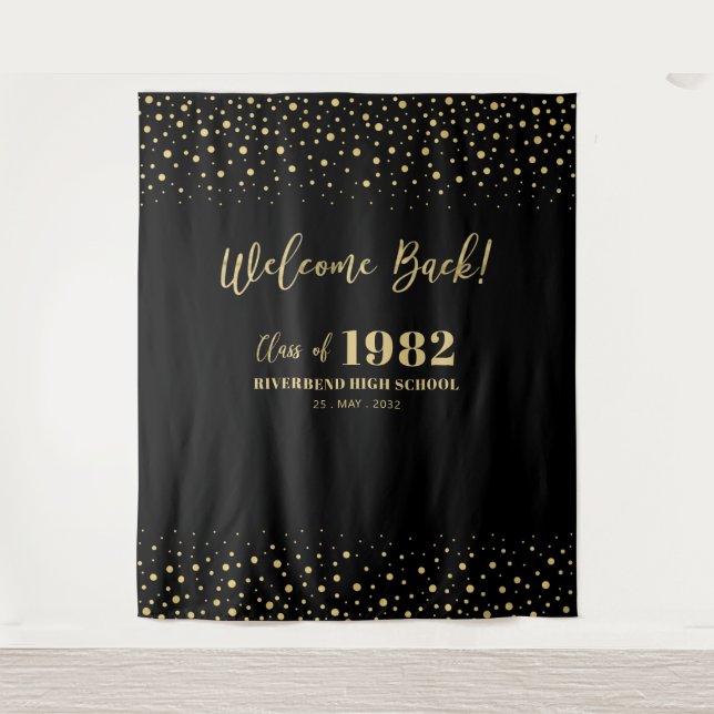 Gold & Black Confetti Class Reunion Party Backdrop Tapestry (Front)