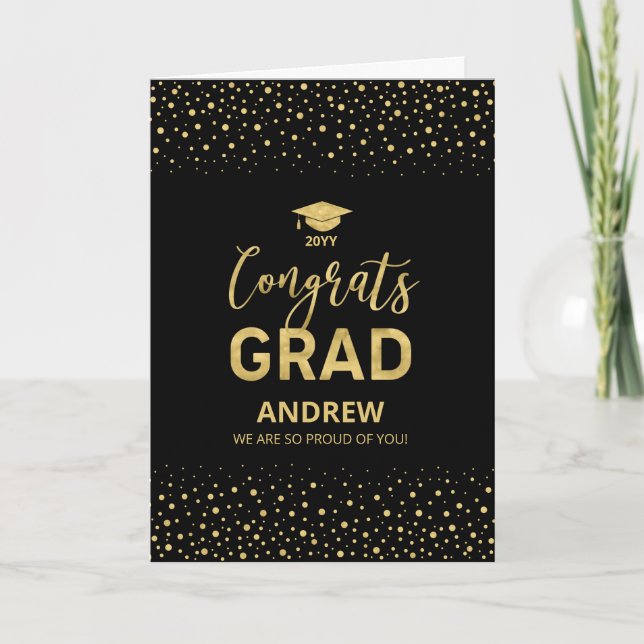 Gold & Black Confetti Congrats Grad Graduation Card (Front)