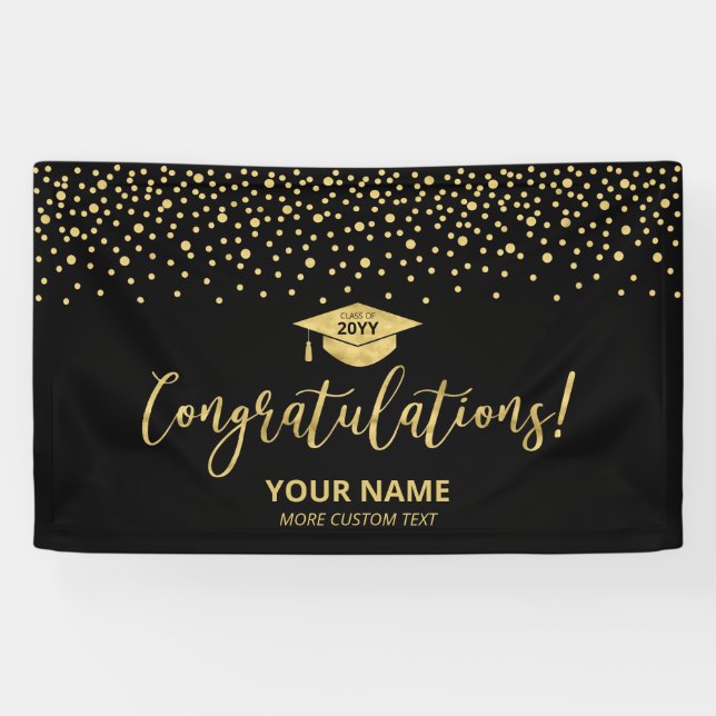 Gold & Black Confetti Congratulation Graduation Banner (Horizontal)