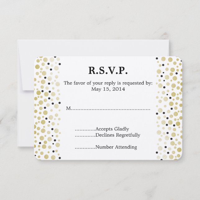 Gold Black Confetti Dots Wedding RSVP (Front)