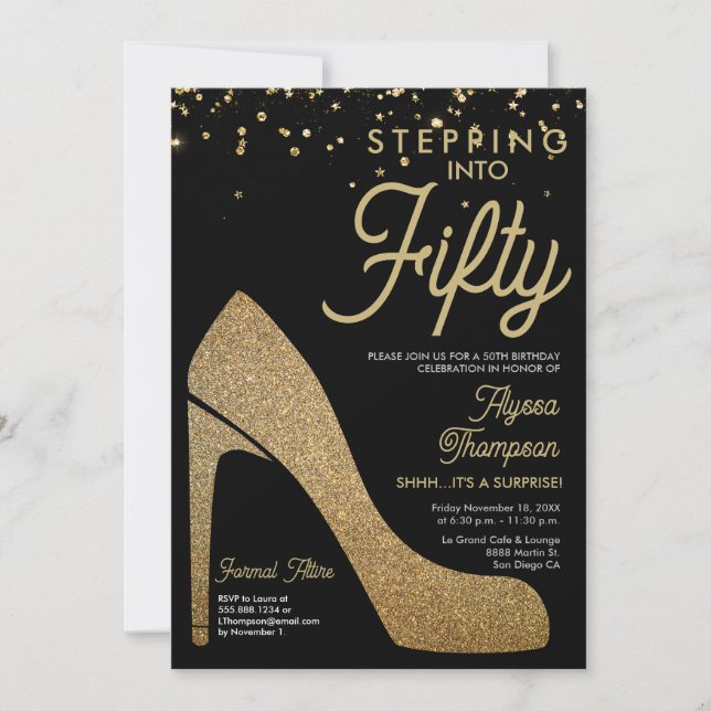 Gold Black Confetti Formal Surprise 50th Birthday Invitation (Front)