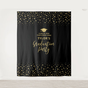 Gold & Black Confetti   Graduation Party Backdrop Tapestry
