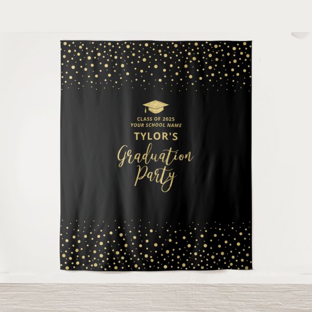 Gold & Black Confetti | Graduation Party Backdrop Tapestry (Front)
