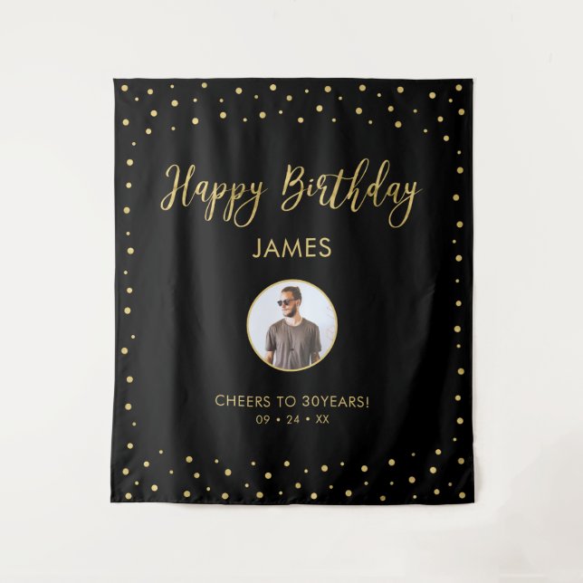 Gold & Black Confetti | Happy Birthday Photo Tapestry (Front)