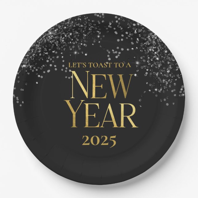 Gold Black Confetti New Year's Eve Party Paper Plate (Front)