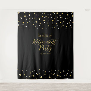 Gold & Black Confetti Retirement Party Backdrop Tapestry