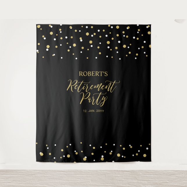 Gold & Black Confetti Retirement Party Backdrop Tapestry (Front)