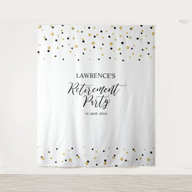 Gold & Black Confetti Retirement Party Backdrop Tapestry (Front)