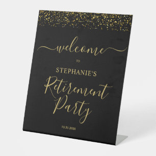 Gold & Black Confetti Retirement Party Welcome Pedestal Sign
