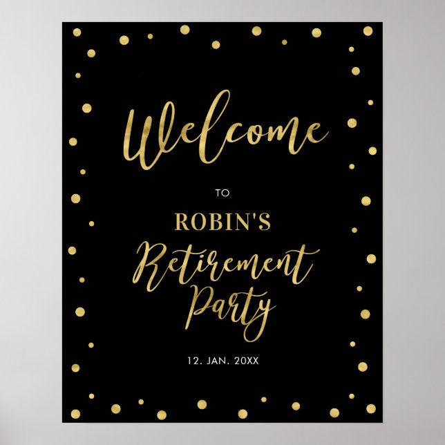 Gold & Black Confetti Retirement Party Welcome Poster (Front)