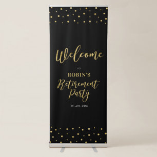 Gold & Black Confetti Retirement Party Welcome Retractable Banner