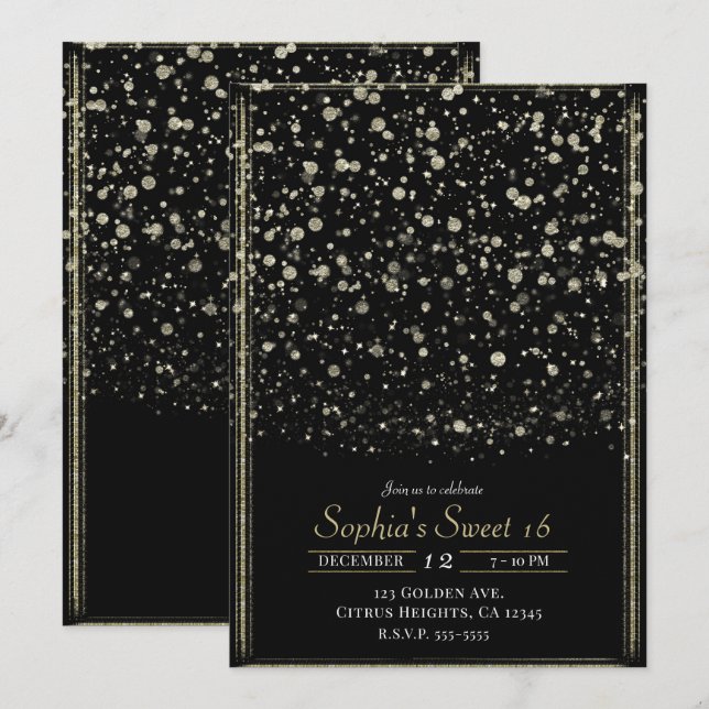 Gold & Black Confetti Splatter Sweet 16 Party Invitation (Front/Back)