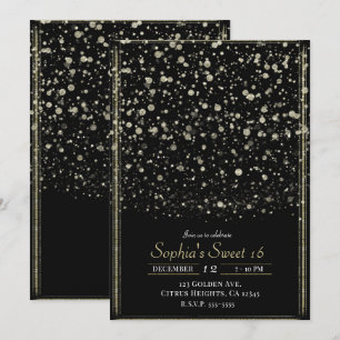 Gold & Black Confetti Splatter Sweet 16 Party Invitation